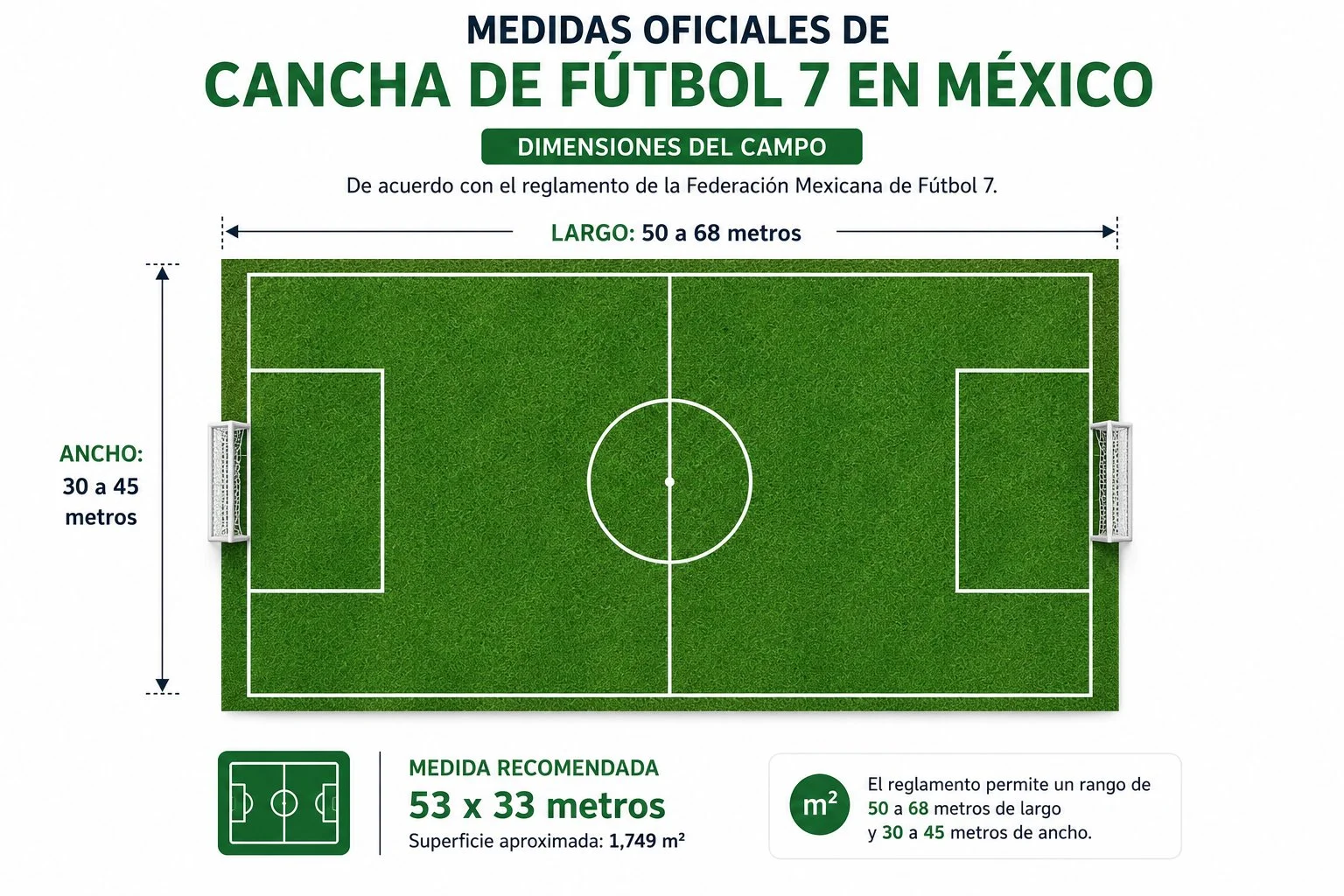 Medidas oficiales de cancha de fútbol 7 en México — dimensiones reglamentarias 50-68 m de largo, 30-45 m de ancho, medida recomendada 53×33 m