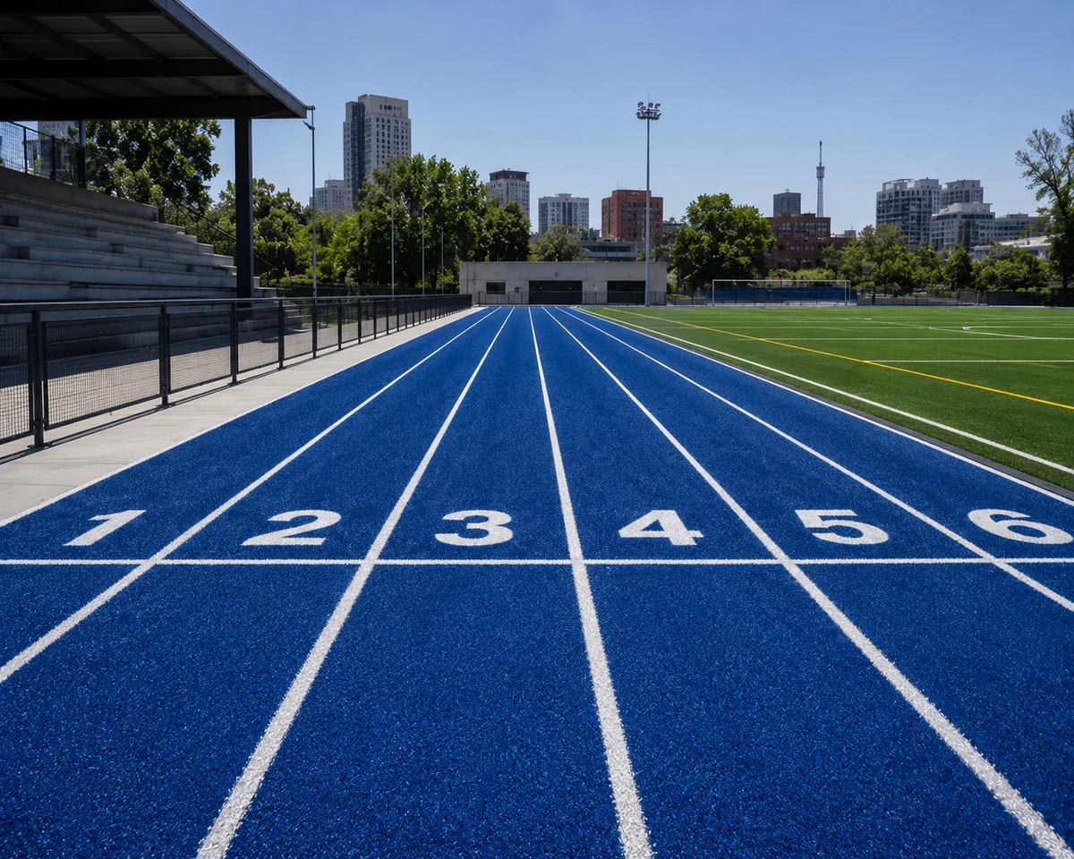 pista de atletismo sintética azul de pasto sintético con carriles numerados y líneas blancas